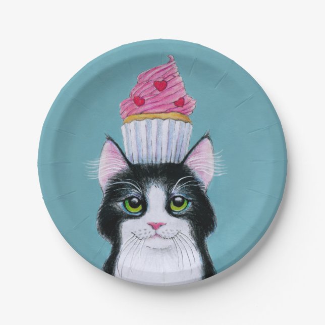 Cute Cat with Pink Cupcake Paper Plate (Front)
