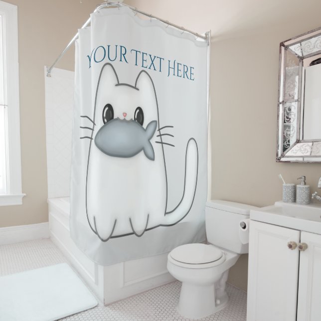 Cute Cat with Prize Fish Shower Curtain (In Situ)