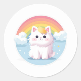 Cute cat with rainbows and clouds classic round sticker