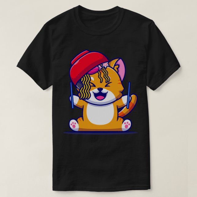 Cute Cat With Ramen Noodle Bowl And Chopstick Cart T-Shirt (Design Front)