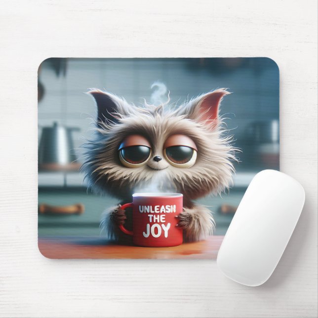 Cute Cat With Red Coffee Mug Mouse Pad (With Mouse)