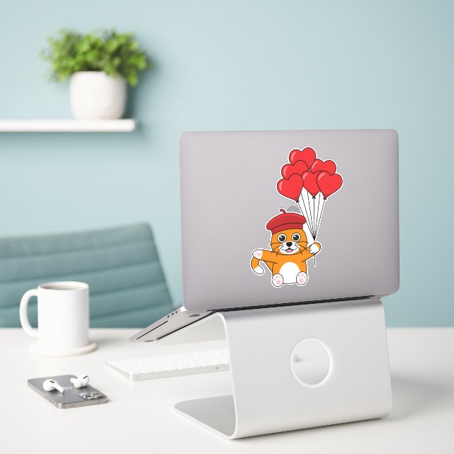 Cute Cat with Red Heart Balloons (Laptop On Desk)