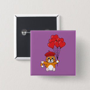 Cute Cat with Red Heart Balloons 15 Cm Square Badge