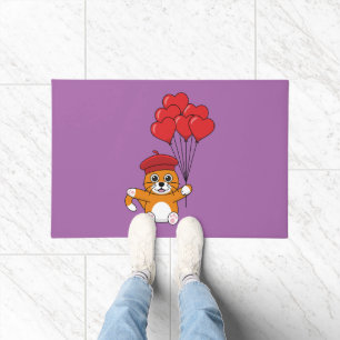 Cute Cat with Red Heart Balloons Doormat