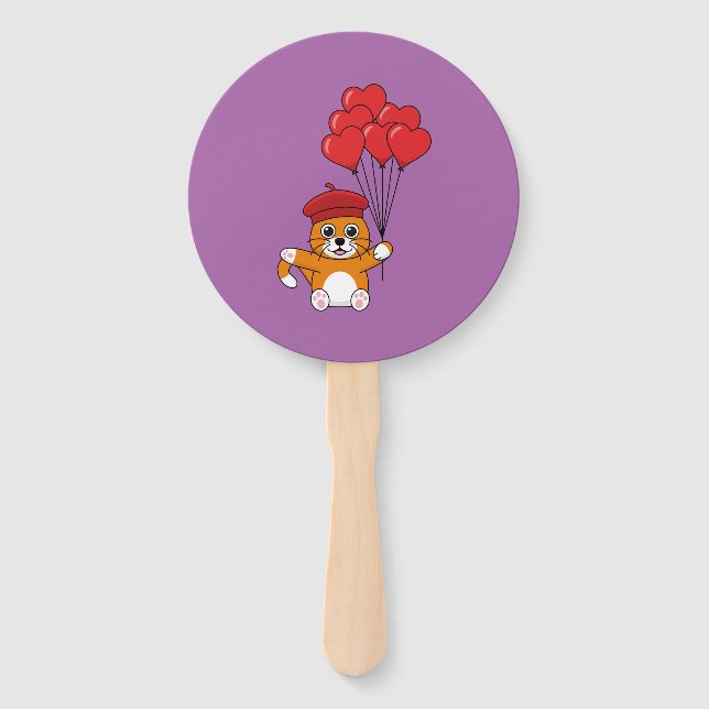 Cute Cat with Red Heart Balloons Hand Fan (Front)