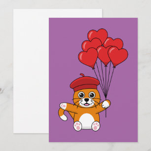 Cute Cat with Red Heart Balloons Holiday Card