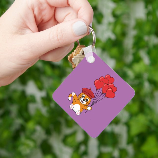 Cute Cat with Red Heart Balloons Key Ring (Hand)