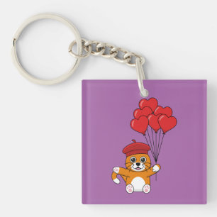 Cute Cat with Red Heart Balloons Key Ring