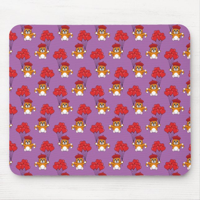 Cute Cat with Red Heart Balloons Mouse Pad (Front)