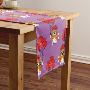 Cute Cat with Red Heart Balloons Short Table Runner