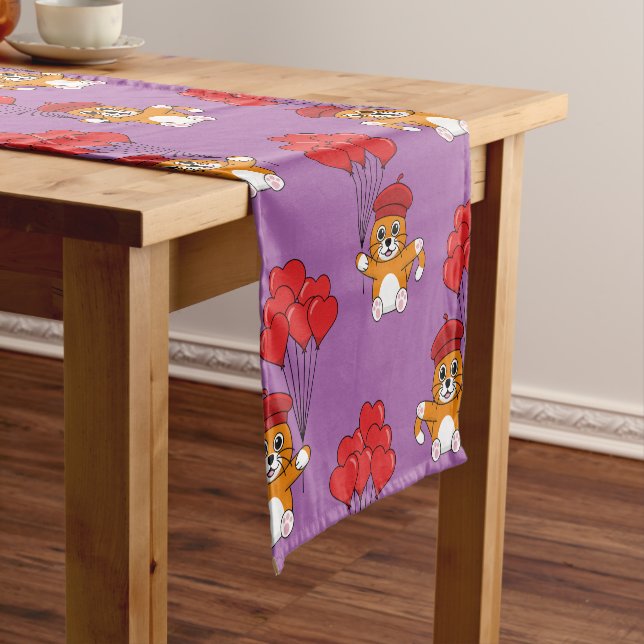 Cute Cat with Red Heart Balloons Short Table Runner (In Situ)