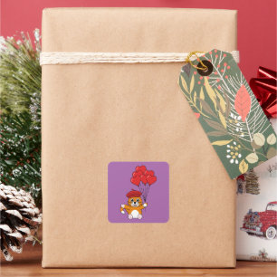 Cute Cat with Red Heart Balloons Square Sticker