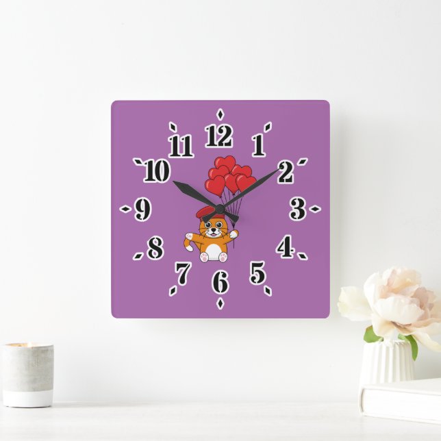 Cute Cat with Red Heart Balloons Square Wall Clock (Home)