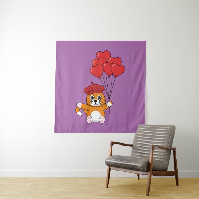 Cute Cat with Red Heart Balloons Tapestry (In Situ)