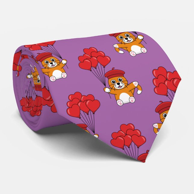 Cute Cat with Red Heart Balloons Tie (Rolled)