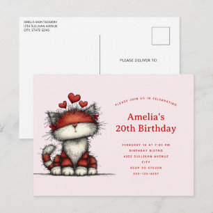 Cute Cat with Red Love Hearts Birthday Invitation Postcard