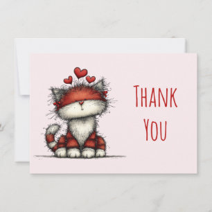 Cute Cat with Red Love Hearts Thank You Card