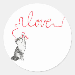 Cute Cat with Red Ribbon Classic Round Sticker