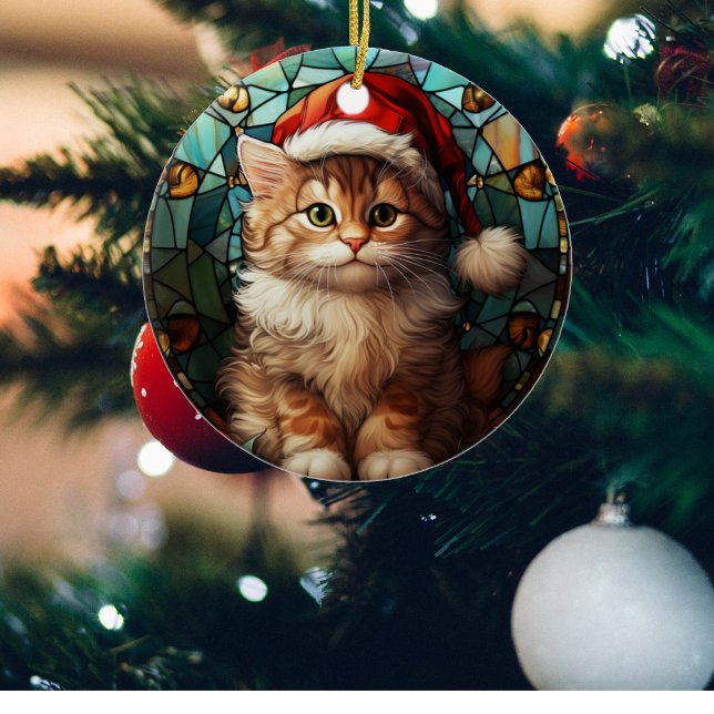 Cute Cat with Santa Cap Stained Glass Christmas  Ceramic Ornament (Creator Uploaded)
