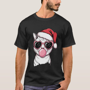 Cute Cat with Santa Hat and Heart Glasses T-Shirt