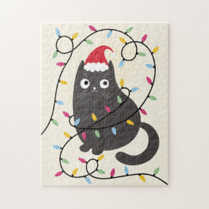 Cute cat with Santa hat and lights Christmas Jigsaw Puzzle