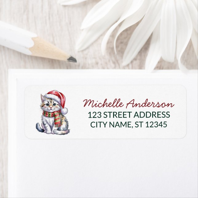 Cute Cat with Santa Hat Christmas Return Address Label (Insitu)