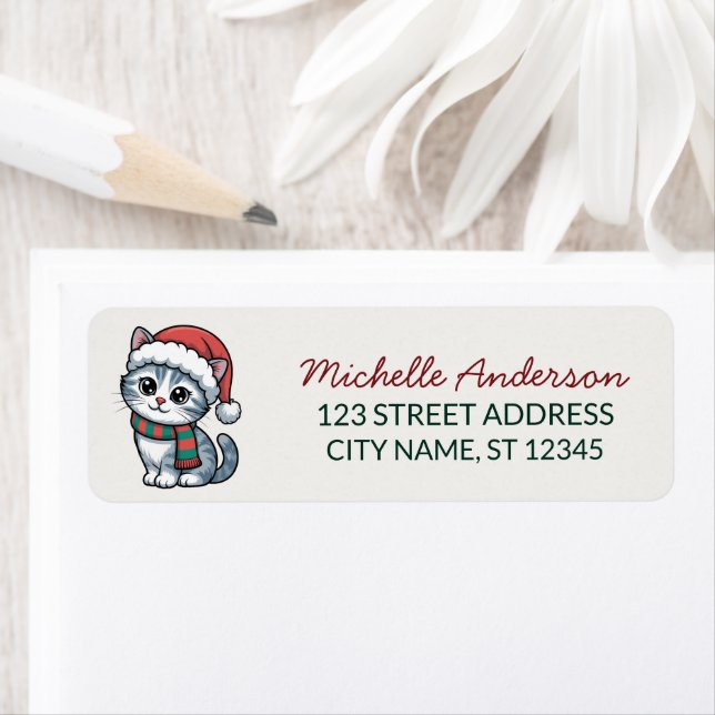 Cute Cat with Santa Hat Christmas Return Address Label (Insitu)