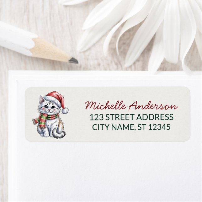 Cute Cat with Santa Hat Christmas Return Address Label (Insitu)
