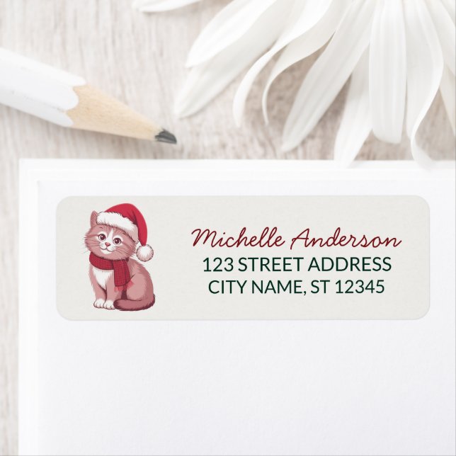 Cute Cat with Santa Hat Christmas Return Address Label (Insitu)