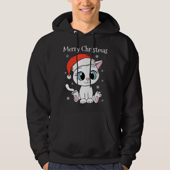 Cute Cat with Santa Hat Merry Christmas xmas Hoodie (Front)