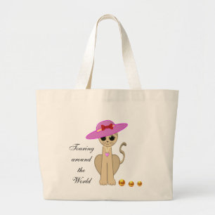 Cute Cat with Sun Hat Large Tote Bag