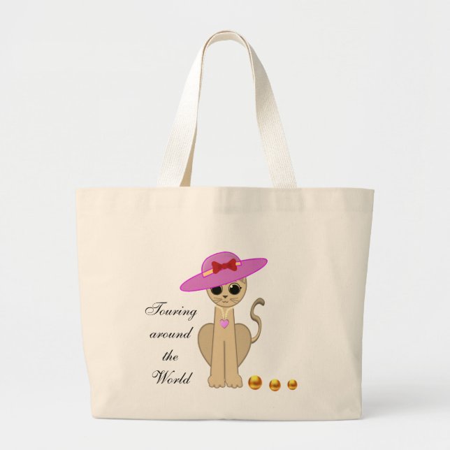 Cute Cat with Sun Hat Large Tote Bag (Front)