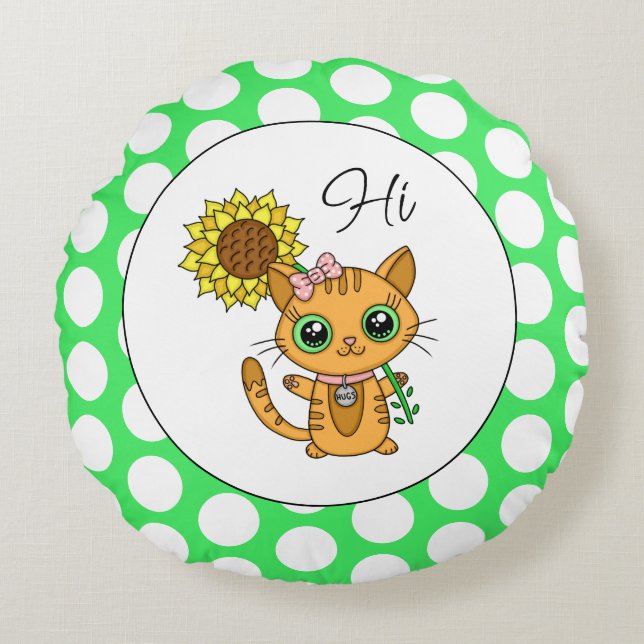 Cute Cat with Sunflower And Polka Dots  Round Cushion (Front)