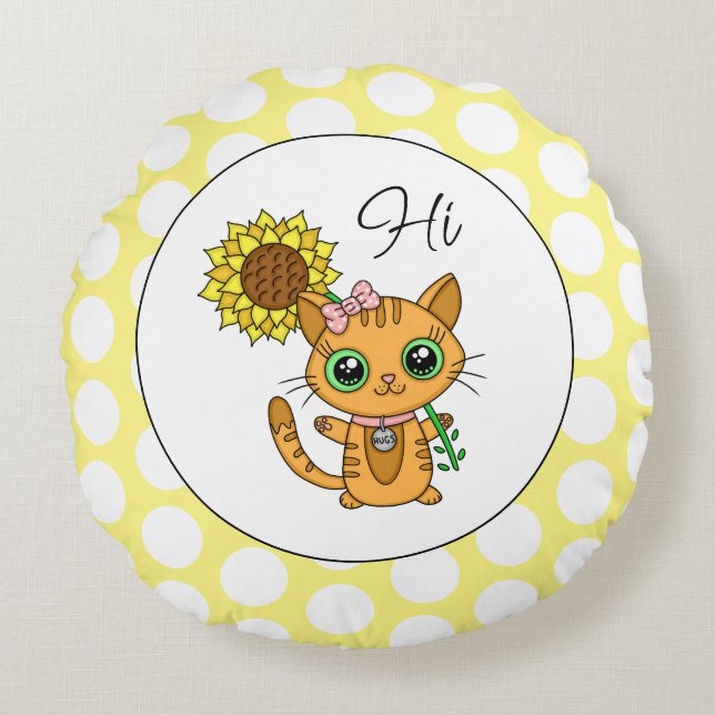 Cute Cat with Sunflower And Polka Dots Round Cushion (Front)