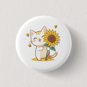 Cute Cat with Sunflower Kawaii Design 3 Cm Round Badge