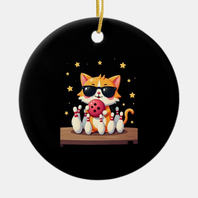 Cute Cat With Sunglasses Cat Playing Bowling For m Ceramic Ornament (Front)