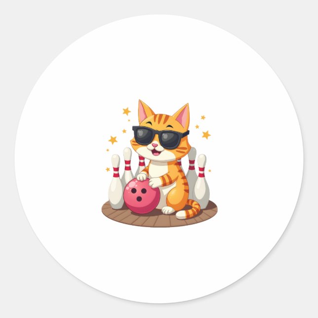 Cute Cat With Sunglasses Cat Playing Bowling For m Classic Round Sticker (Front)