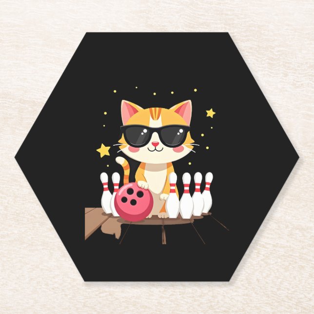 Cute Cat With Sunglasses Cat Playing Bowling For m Paper Coaster (Front)