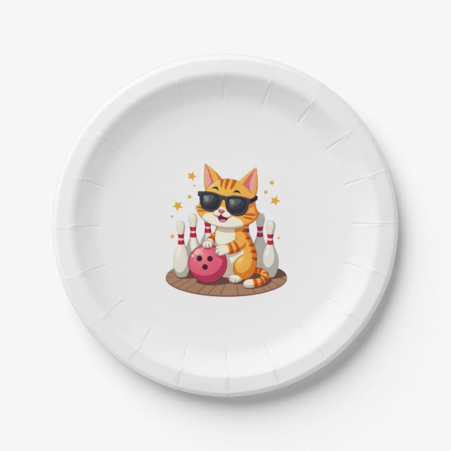 Cute Cat With Sunglasses Cat Playing Bowling For m Paper Plate (Front)