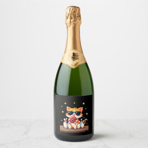 Cute Cat With Sunglasses Cat Playing Bowling For m Sparkling Wine Label