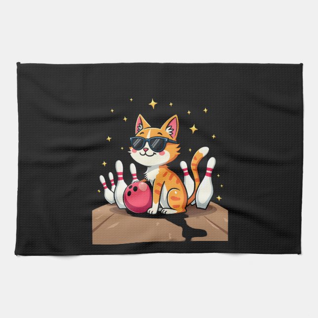 Cute Cat With Sunglasses Cat Playing Bowling For m Tea Towel (Horizontal)