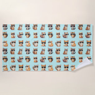 Cute Cat With Sunglasses  On Light Blue Background Beach Towel