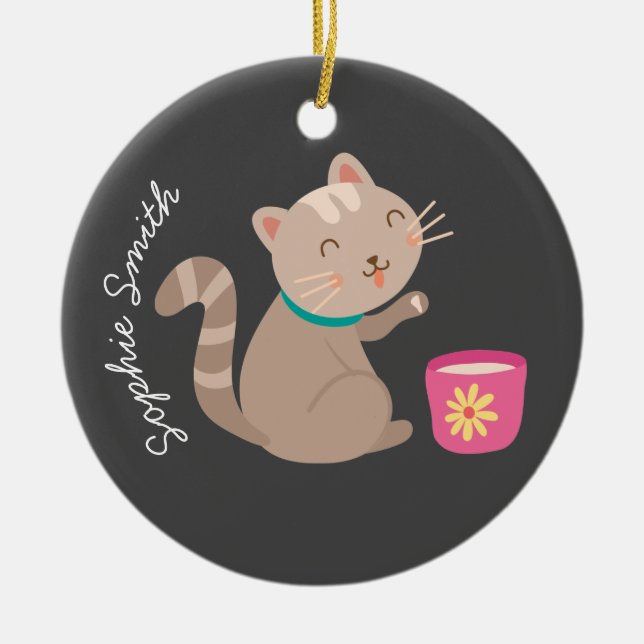 Cute cat with teacup cartoon ceramic ornament (Front)