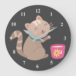 Cute cat with teacup cartoon large clock