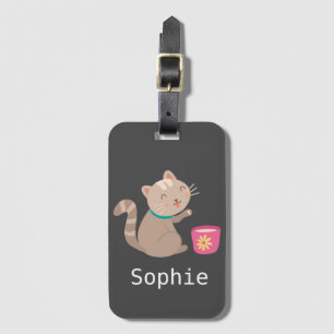 Cute cat with teacup cartoon luggage tag