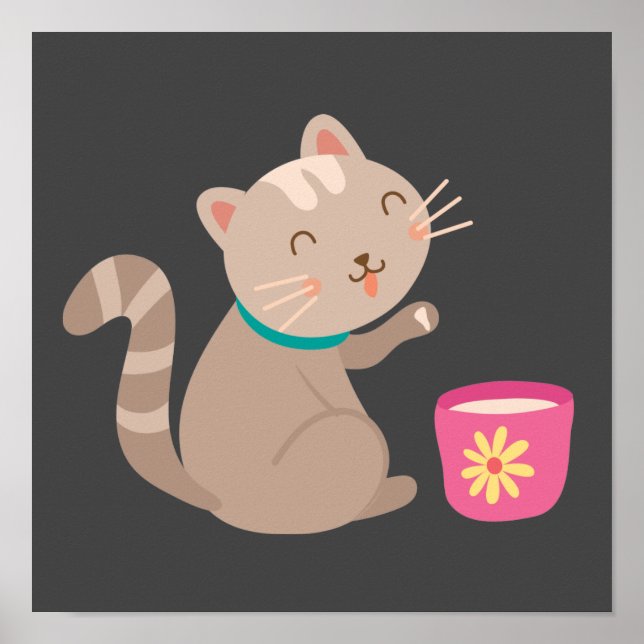 Cute cat with teacup cartoon poster (Front)