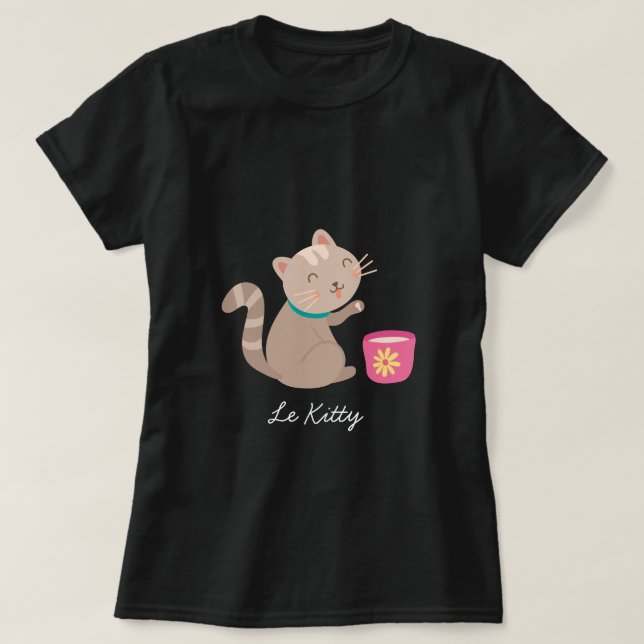 Cute cat with teacup cartoon T-Shirt (Design Front)