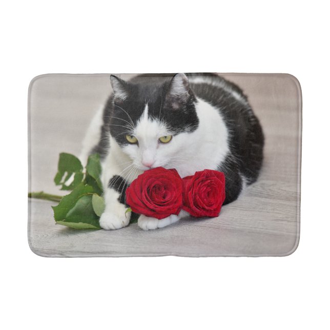 Cute cat with the red rose bath mat (Front)