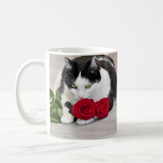 Cute cat with the red rose coffee mug (Left)