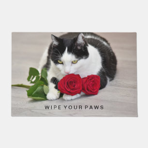 Cute cat with the red rose doormat